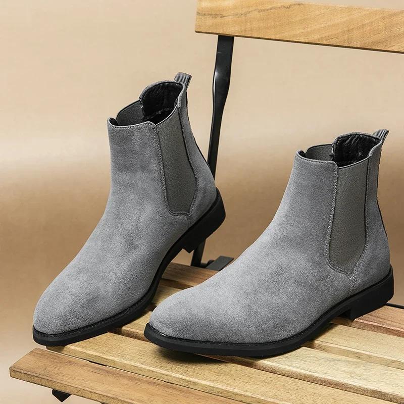 New Gray Chelsea Boots for Men Flock Business Men Ankle Boots Cowboy Boots Handmade Men Size 38-46 Zapatos De Hombre