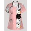Summer Womens Fashion V-Neck Short Sleeve Uniform Pockets Tops Cute Cat Pattern Print Comfortable Vet Clinical Uniforms Woman