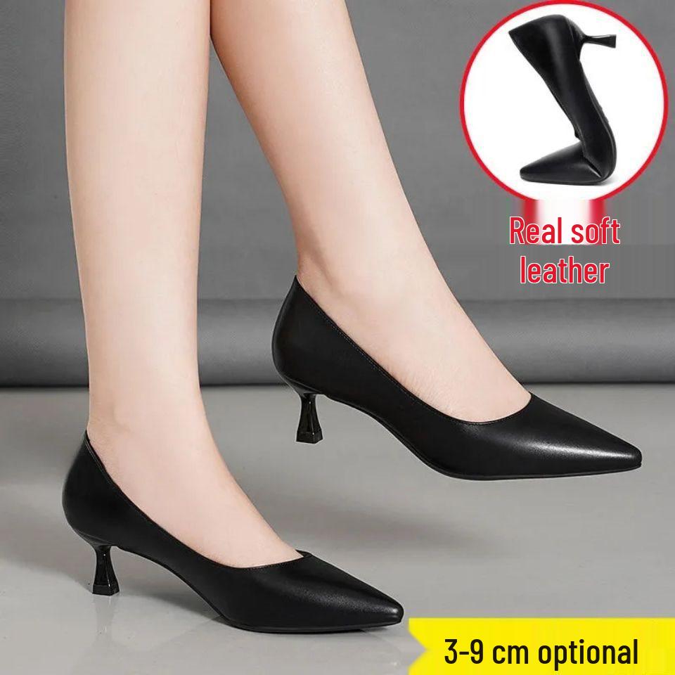 Genuine Soft Leather Pointed Toe Stiletto Heels - Comfortable Work & Etiquette Shoes for Spring/Autumn