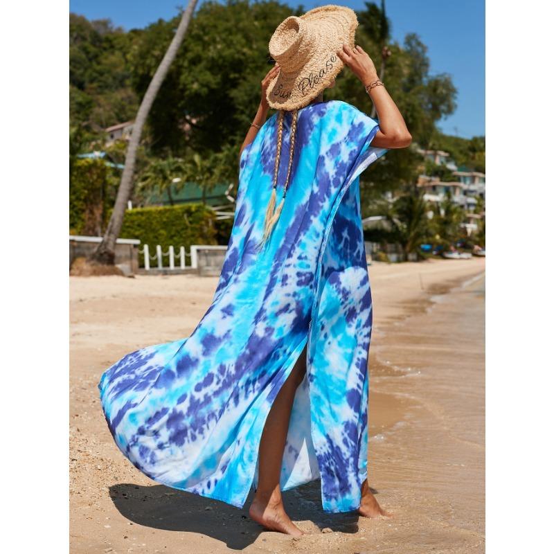 Damenmode Sommer Frühling Farbblockdruck Kurzarm V-Ausschnitt Lockere Taille Freizeitkleider