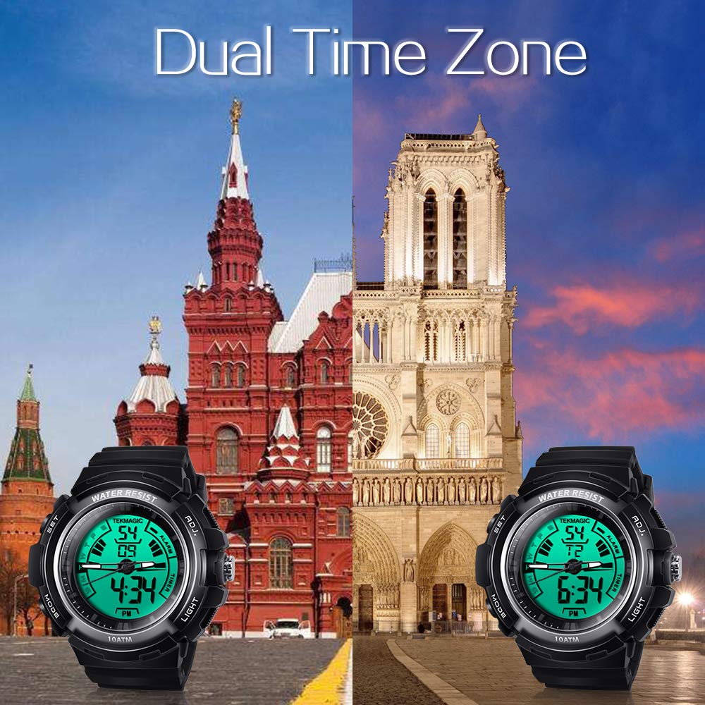 TEKMAGIC Swimming and Diving Watch, 10 ATM Water Resistant, 100 Meter Diving Watch with Stopwatch and Alarm Clock, Dual Time Zone Display, 1224 Hour