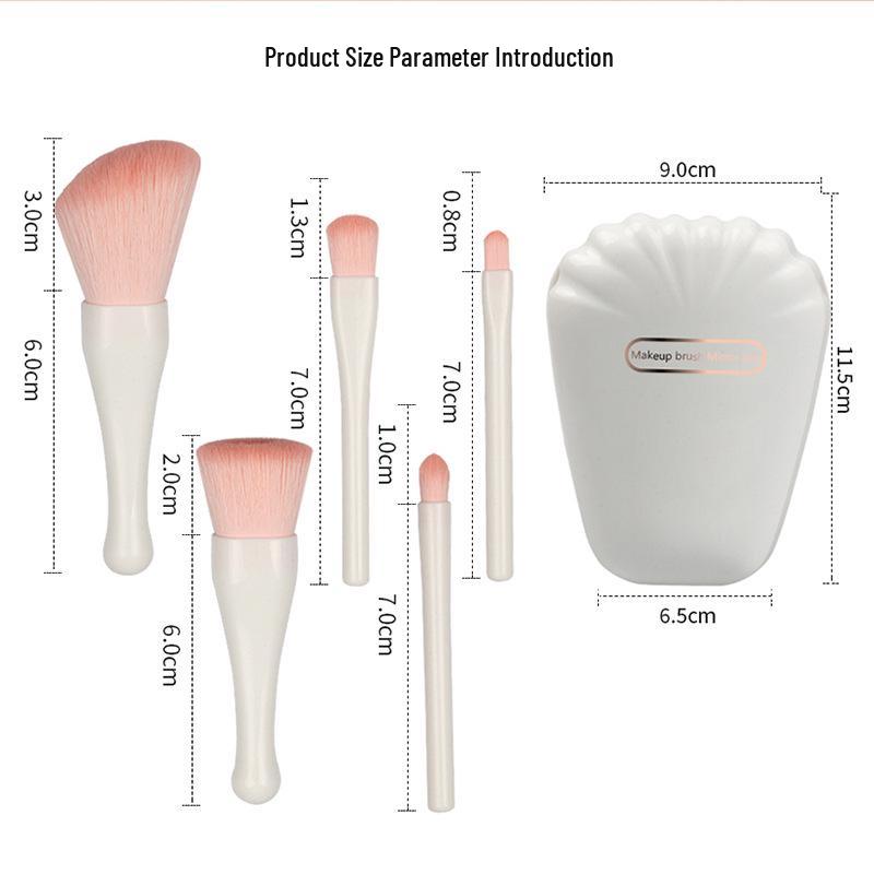 Seashell Portable Makeup Brush Set with Mirror - 5-Piece Eyeshadow & Foundation Tools