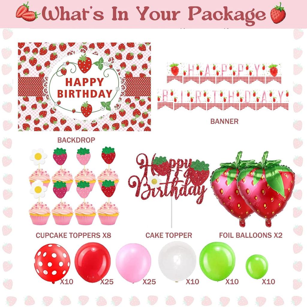 103 PCs Strawberry Party Decorations, Hombae Strawberry Decorations for Birthday Backdrop Balloon Garland Arch Happy Birthday Banner Cake Cupcake