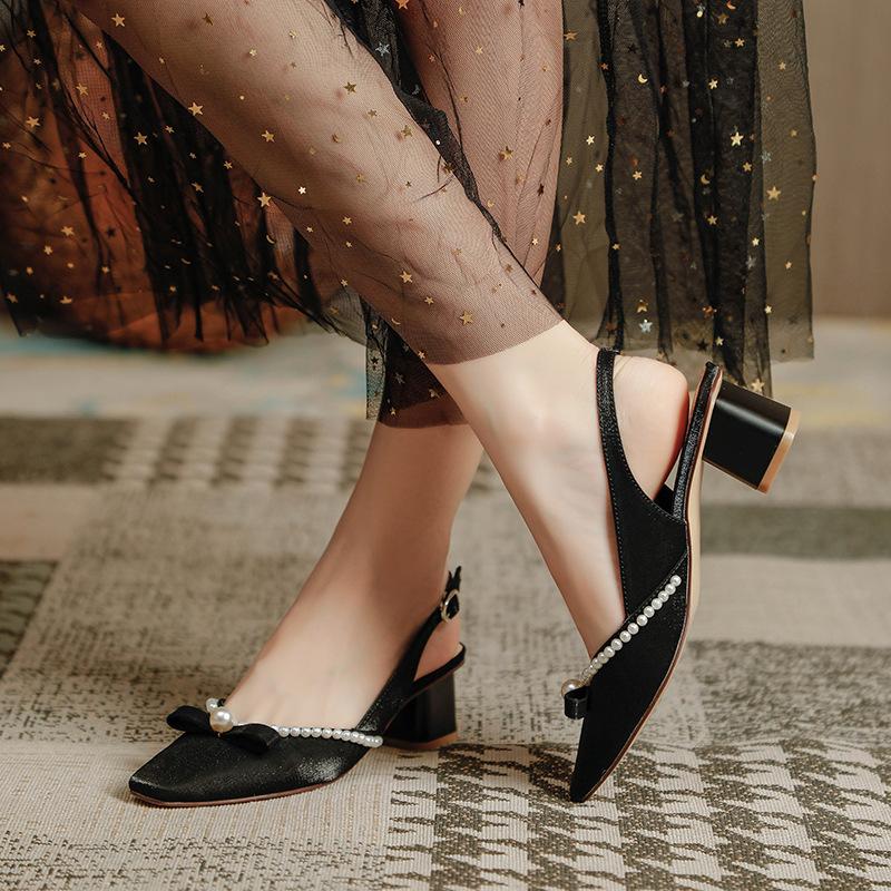 2025 new bag head sandals women wear high heels in summer, square head back strap, pearl fairy style thick heel single shoes
