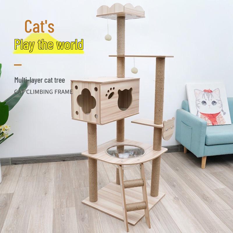 Solid Wood Cat Tree with Bed, Scratching Post, and Bubble Perch for Kittens
