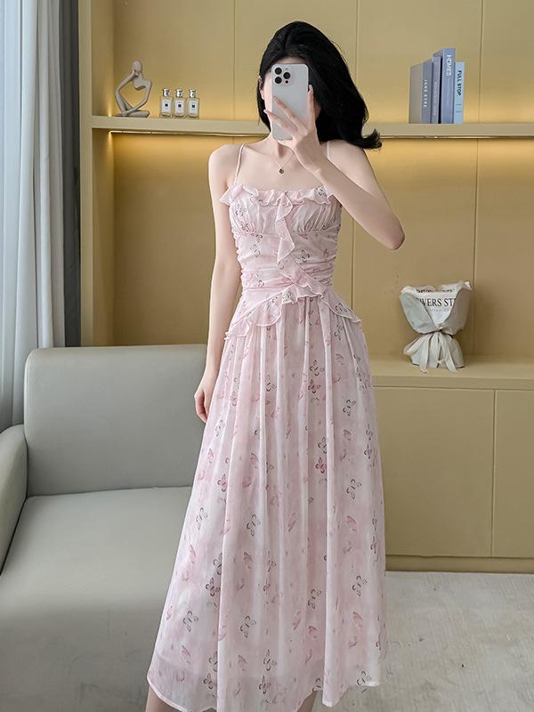 Summer Butterfly Floral Ruffle Camisole Dress – Slim Fit