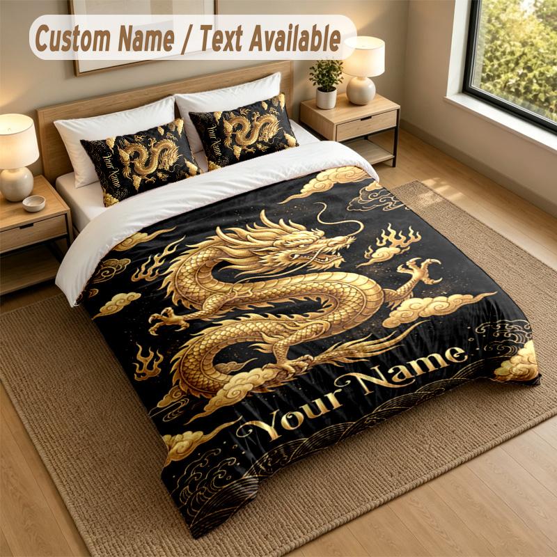 Dragon Phoenix Theme Personalized 3Pcs Bedding Set Custom Text & Name 1 Sheet 2 Pillowcases Household Bedding 1pc