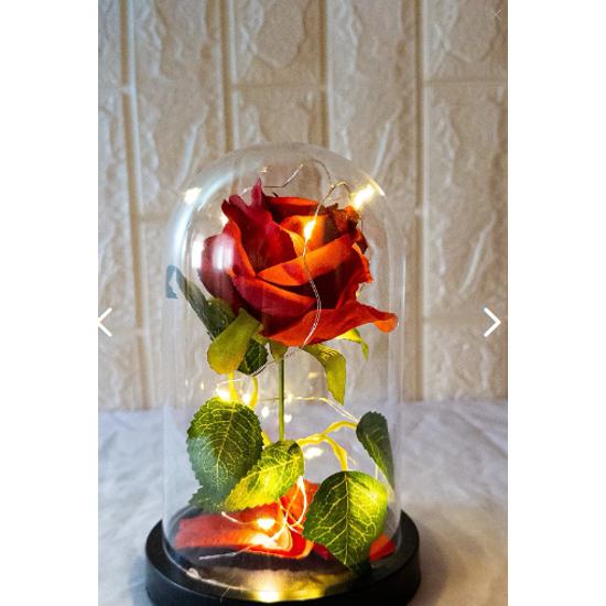 Wróżka Podświetlana diodami LED, blaknąca czerwona róża w szklanym słoju i naszyjniku pokrytym różowym złotem