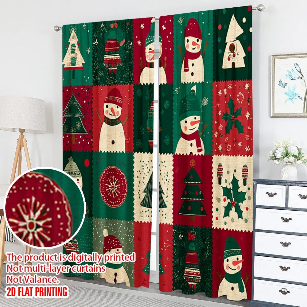 2pcs 2D flat printing Happy Christmas fashion curtains Christmas Snowman Tree Snowflakes Festive Digital Printed Polyester