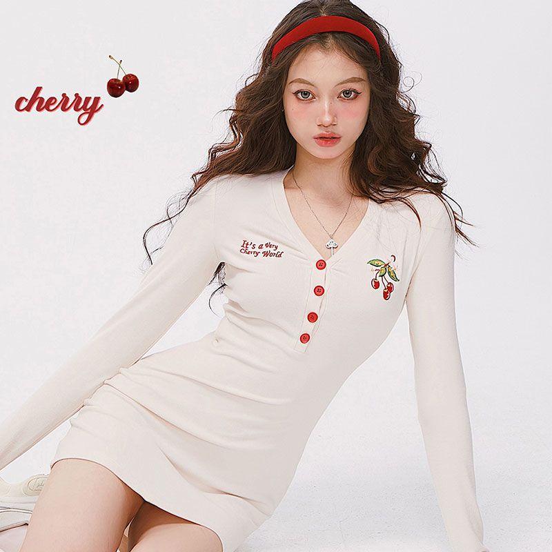 Pure Desire Style Embroidered Cherry Top Spicy Girl Short Style Female Spring and Autumn New Style Slimming and slimming V-neck  Long sleeved T-shirt