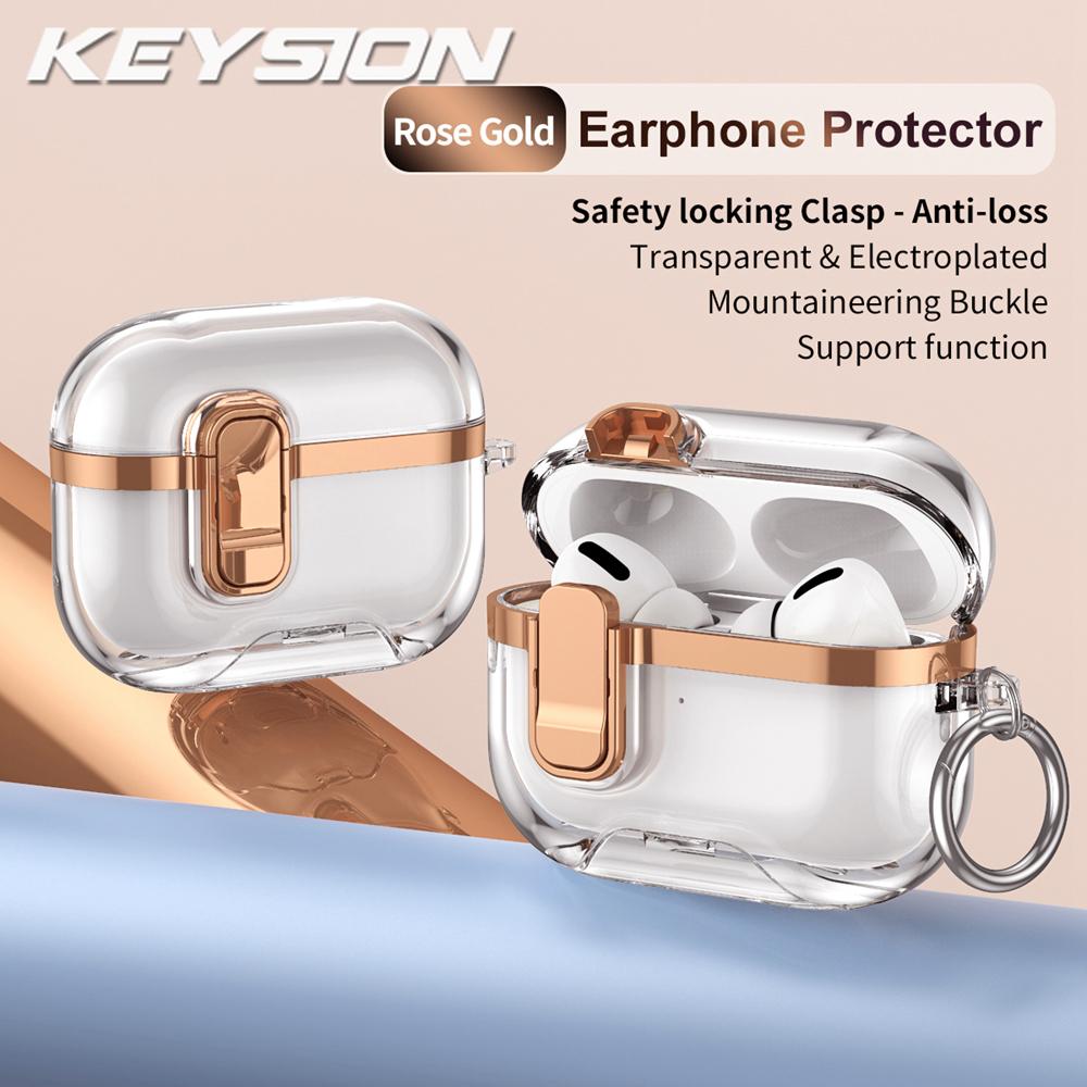 KEYSION Plating Transparent Earphone Case for AirPods Pro 3 TPU+PC Shockproof Phone Stand Hook Headphone Cover for AirPods Pro 3