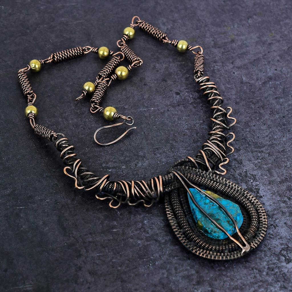 Tibetan Turquoise Gemstone Handmade Copper Wire Wrap Jewelry Necklace 18" i5q81