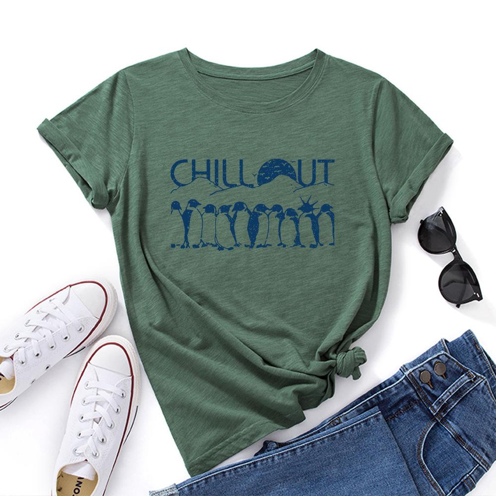 Penguin Cotton T-Shirt Short Sleeve Round Neck Women 2d Print Tops