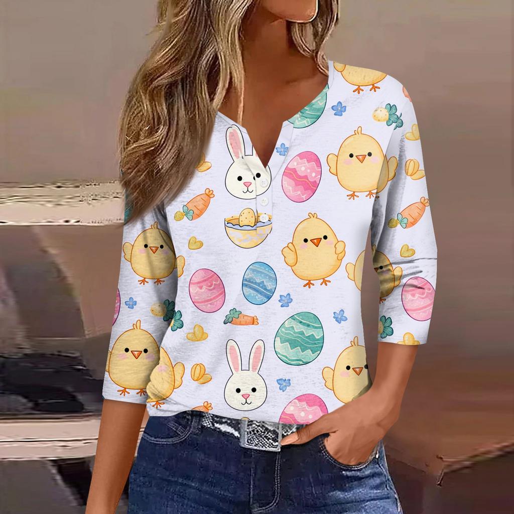 Women's Fashion Casual Easter Printed V-neck Short Sleeve Decorative Button Seven Sleeve T-shirt Top