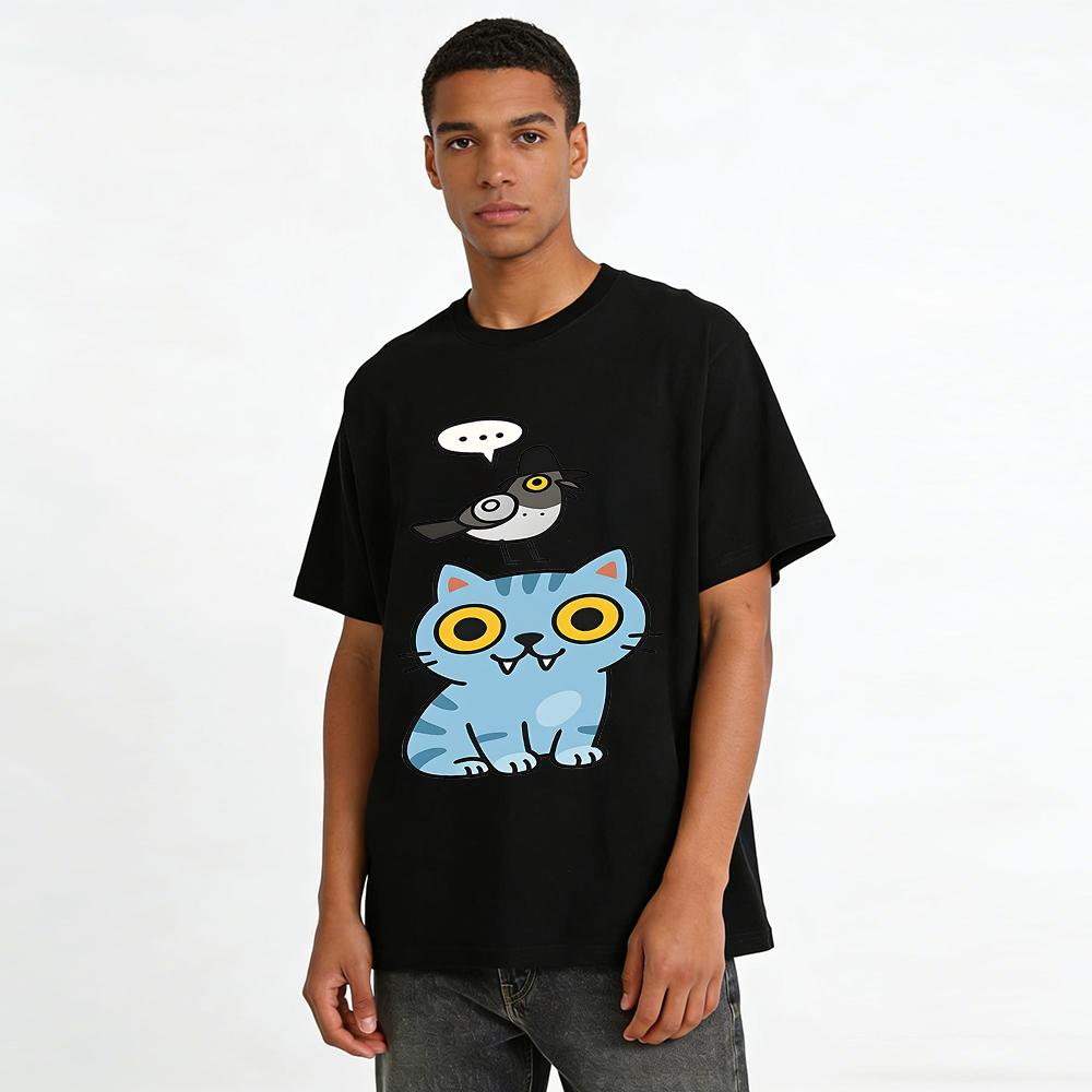 Funny Bird Cat Print T-shirt Casual Loose Fit Unisex Top Cute Animal Pattern Tee Pure cotton T-shirt