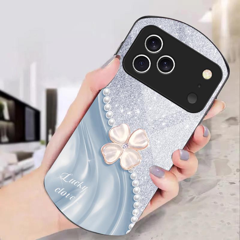Pink Four-leaf Clovers For iPhone 17 16 15 14 Pro 13 Plus 12 Mini 11 Pro Max XR X S 7 8 6 Elliptical Tempered Glass Phone Case