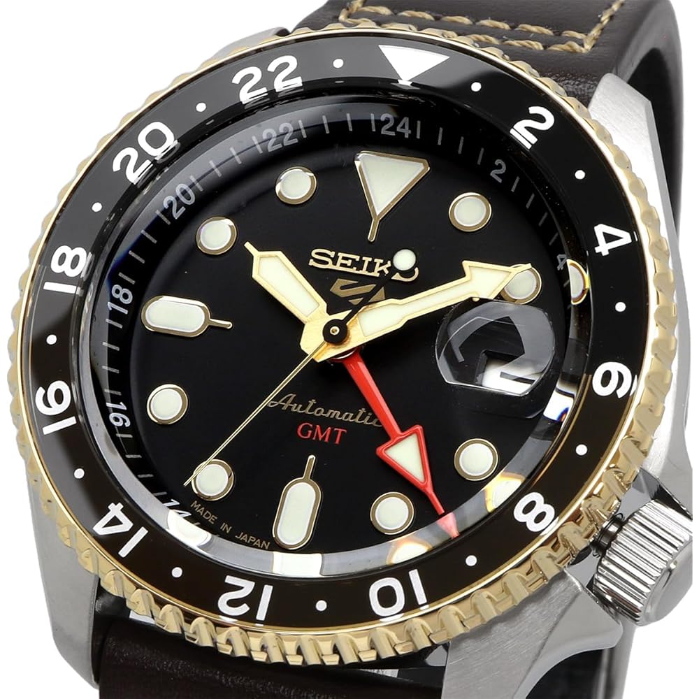 Seiko 5 Sports SKX Series GMT Automatic Mechanical Watch Black Brown Leather Men's Made in Japan