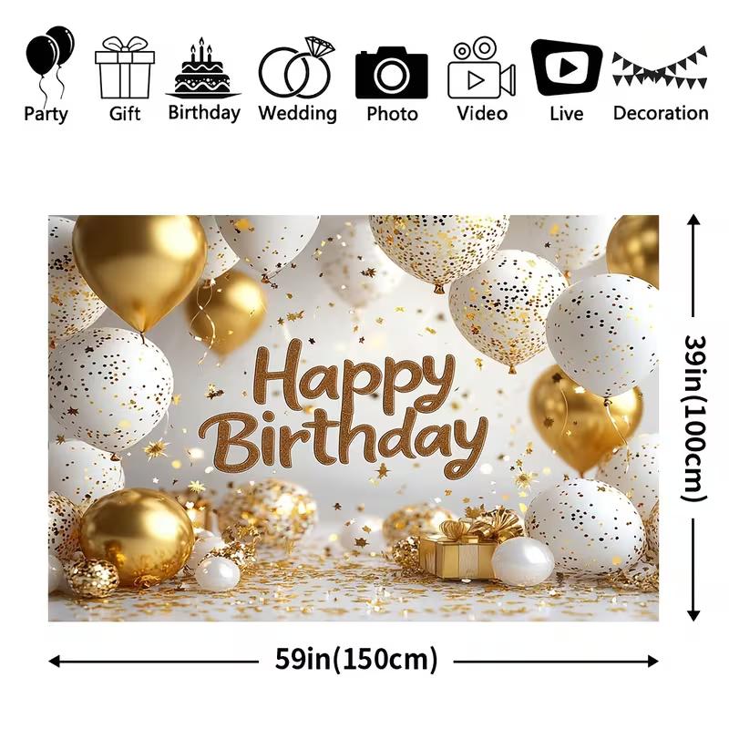 2D White Gold Balloon Happy Birthday Backdrop for Adult Birthday Party