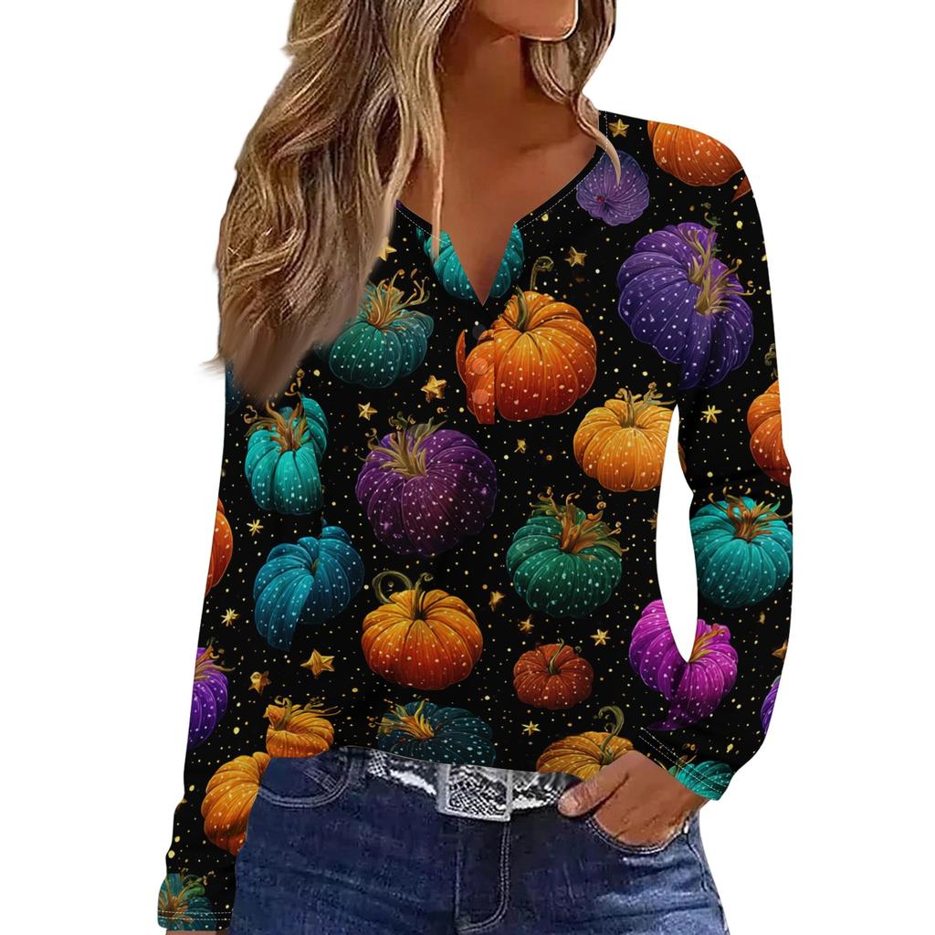 Women's Casual Long Sleeve V-Neck T-Shirt with Halloween Print and Button for Holiday Outfits