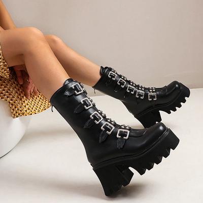 Dámské vysoké boty Vysoké boty na podpatku Polovysoké boty Motocyklové boty s kulatou špičkou Zip Punk Goth Bojové boty do poloviny lýtek pro ženy