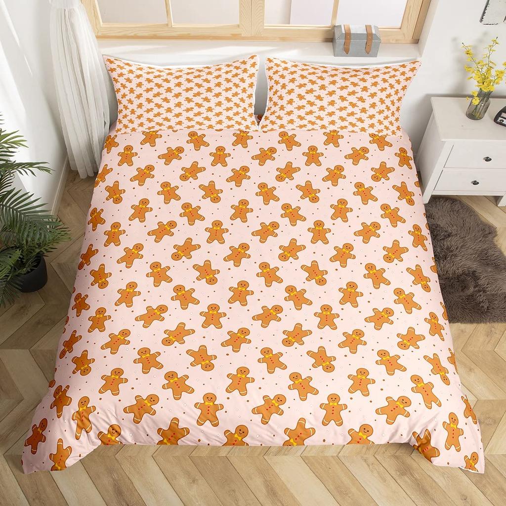 Gingerbread Man Xmas Theme Duvet Cover Christmas Comforter Cover Cartoon Snowman Christmas Tree Bedding Set Pink Quilt Cover