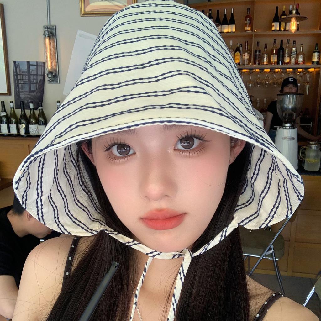 Ins Niche Striped Balaclava Hat Bucket Hat Showing Face Small Versatile Face Covering Bucket Sunscreen Hat