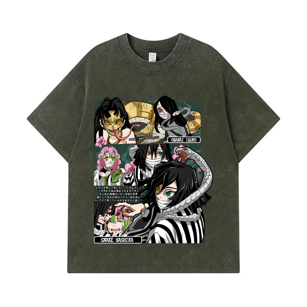 

275 GSM Washed T-shirts 100% Cotton Demon Slayer V17 Obanai Print Unisex Heavy Cotton T Shirt S армия зеленый