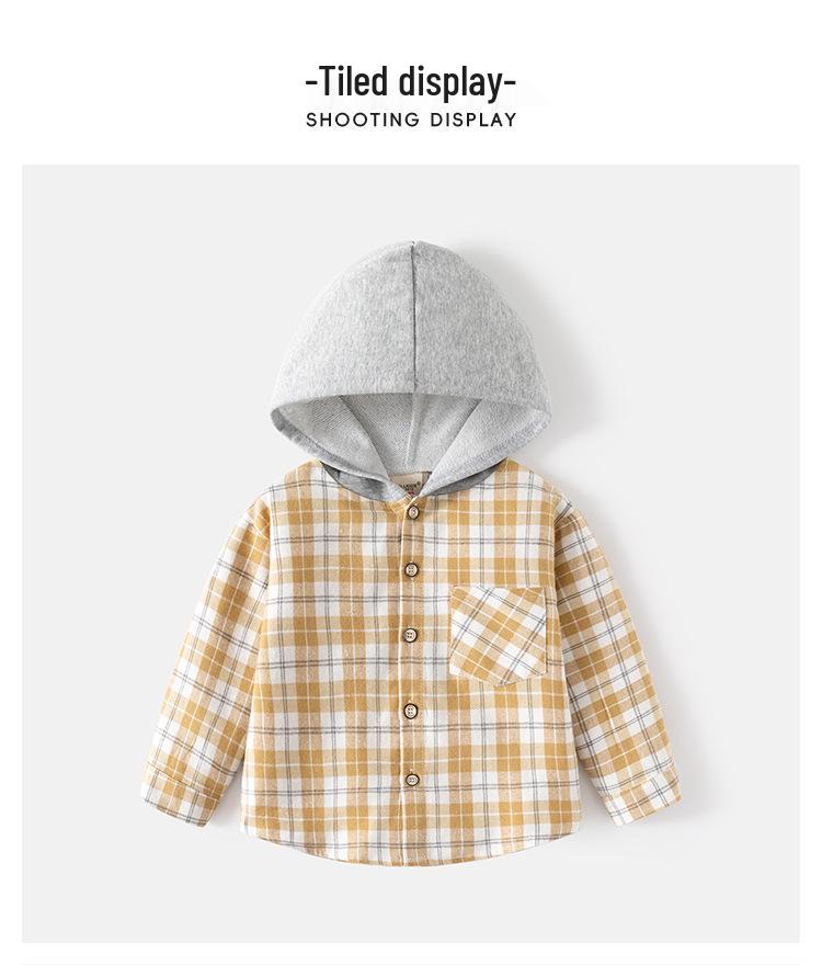 Korean-Style Boys' Hooded Plaid Shirt, Long-Sleeved Children's Clothing, 2026 New Arrival
