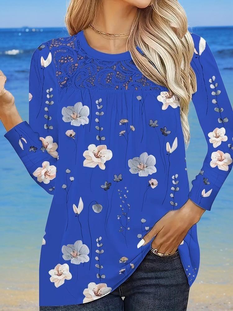 Fashion Autumn Plus Size Women Lace Floral Print Long Sleeve Round Neck Casual Pullover T Shirt Top