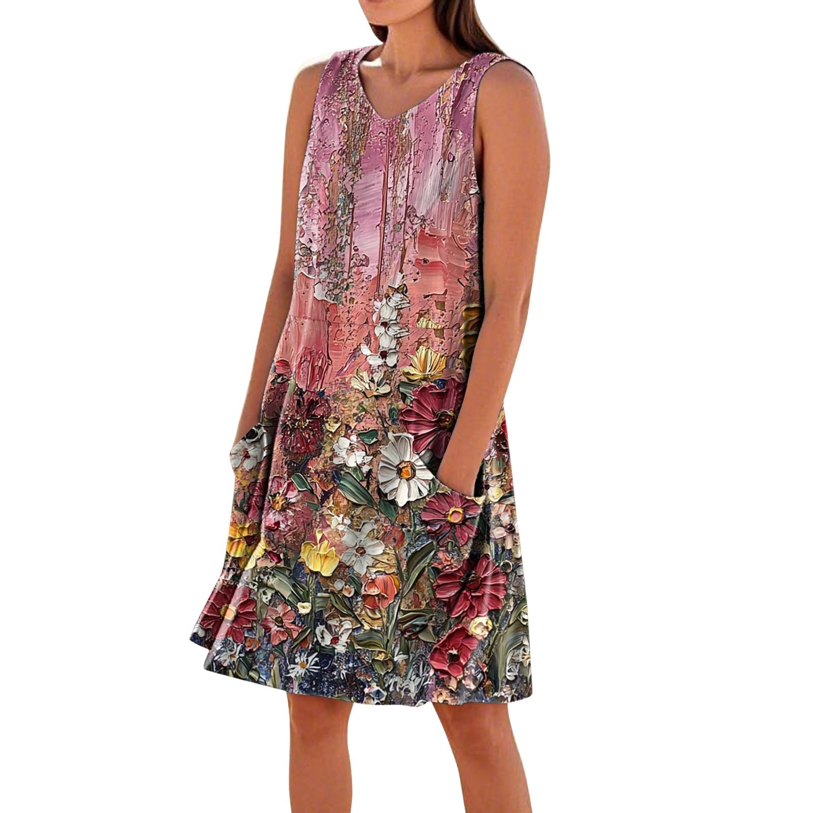 

Women Sleeveless V Neck Casual Dress with Pockets Floral Print Loose Fit Lightweight Summer Sundress S