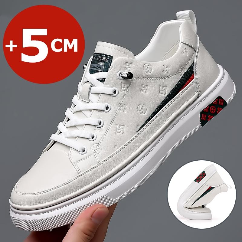 Spring Men Flat/5cm Elevator Shoes Leisure Men Loafers White Soft Leather Moccasins Height Increase Taller Shoes Man Sneakers