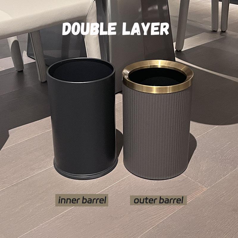 Quality Double Layer Leather Trash Can Metal Beautiful Waste Paper PU Basket Storage Bin for Bathroom  Bed Room
