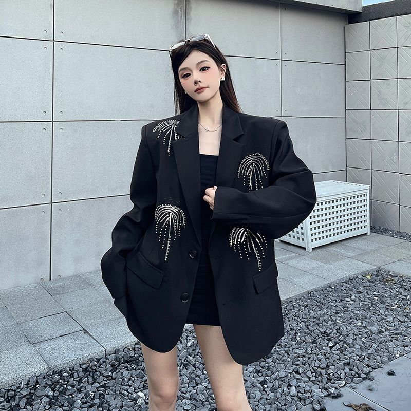 Primavera Otoño Mujer Gama Alta Personalizado Negro Americana Hombreras Suelta Manga Larga Diseñador Detalle de Pedrería Estilo Nicho Traje Ropa Exterior