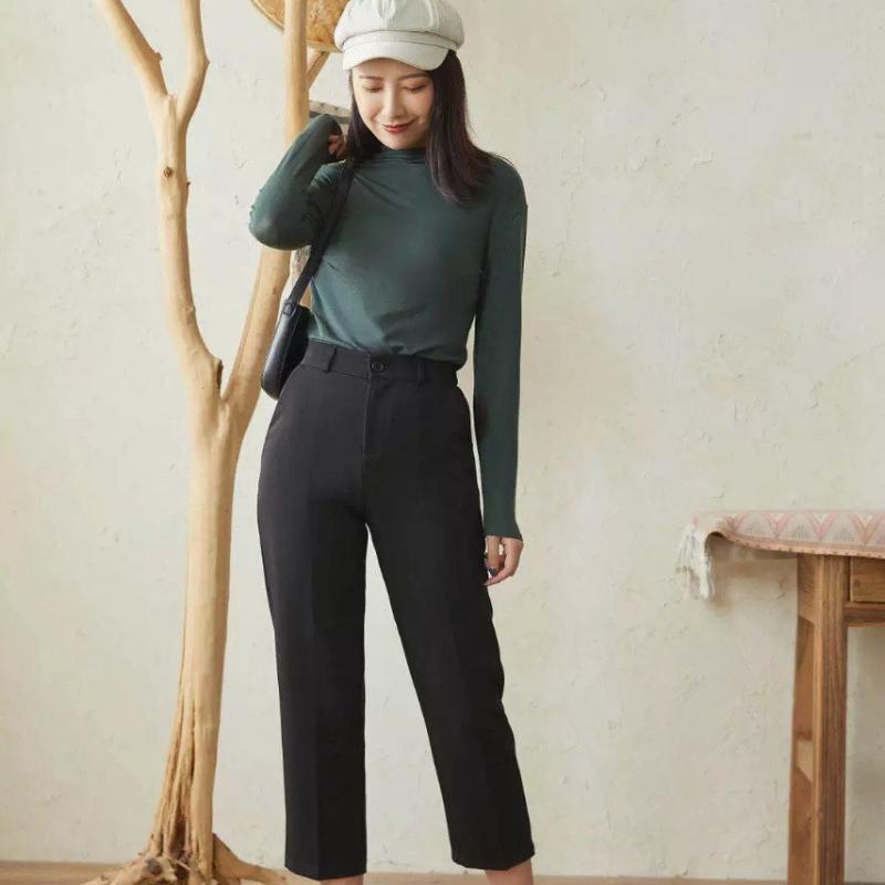 Women's Basic Half-High Neck Base Layer Top Slim Fit Long Sleeve T-Shirt Inner Wear