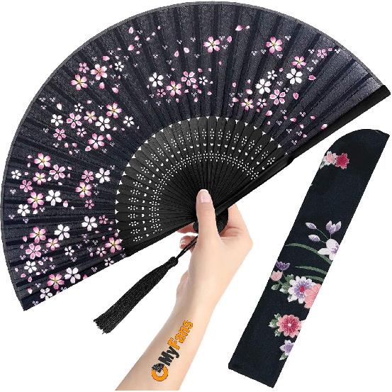 Hand Fan for Women Foldable - Folding Chinese Japanese Vintage Bamboo Silk Fan - Ideal for Hot Flashes, Church, EDM, Festivals, Dancing and Gifts
