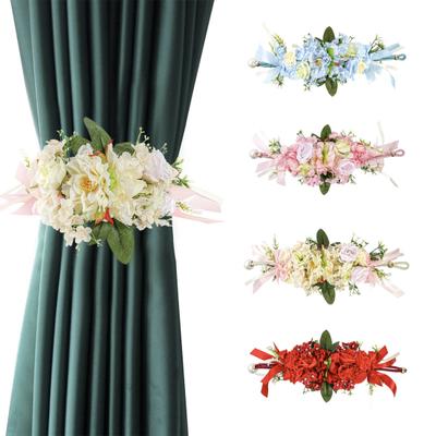 Floral Curtain Tiebacks with Realistic Silk Flowers Adjustable Fabric Straps Decorative Curtain Accessories for Wedding Home
