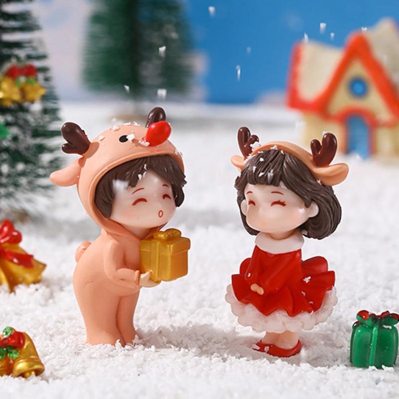 Cute Christmas Couple Dolls Wearing Elk Santa Claus Costume DIY Mini PVC Doll Creative Desktop Ornament Xmas Gift for Girlfriend