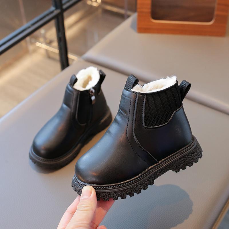 

21-30 Kids Ankle Boots for Little Boys Girls Thermal Snow Boots PU Leather Children Short Rubber Boots with Thick Plush 28 чорний