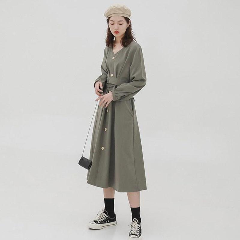 Japanese Vintage Style V-neck High Waist Lace Up Waist Dress