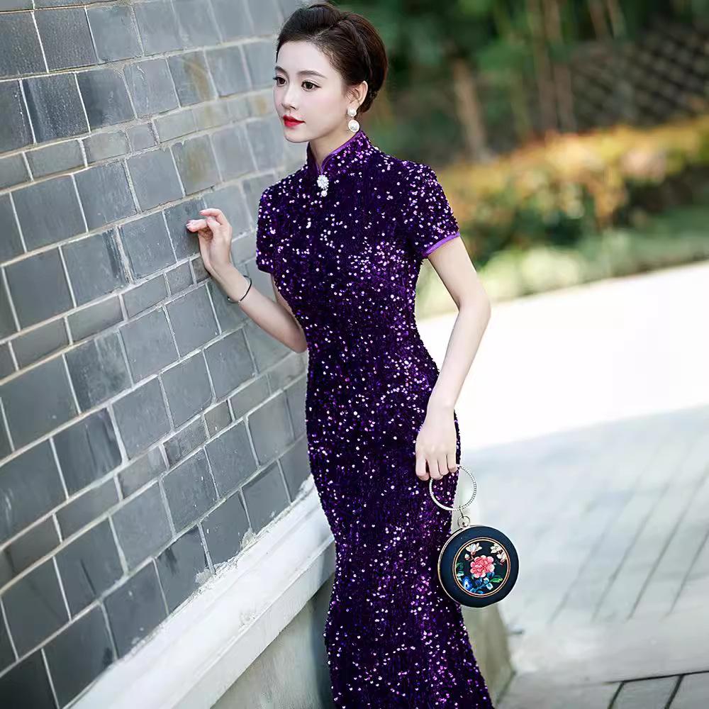Purple golden velvet cheongsam new model dignified atmosphere catwalk hanfu long sequined fishtail performance clothes