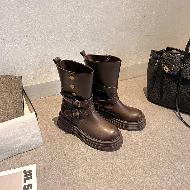 Women's Y2K Suede Ankle Cowboy Boots with Buckle Design, Thick Soles, and Round Toes.