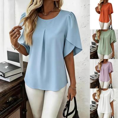 Damen Bluse mit Rundhalsausschnitt, Kurzarm, Reguläre Passform, Elegant, Einfarbig, Plissierte Vorderseite, Lässiges Büro Oberteil für Sommer, Tägliches Outfit