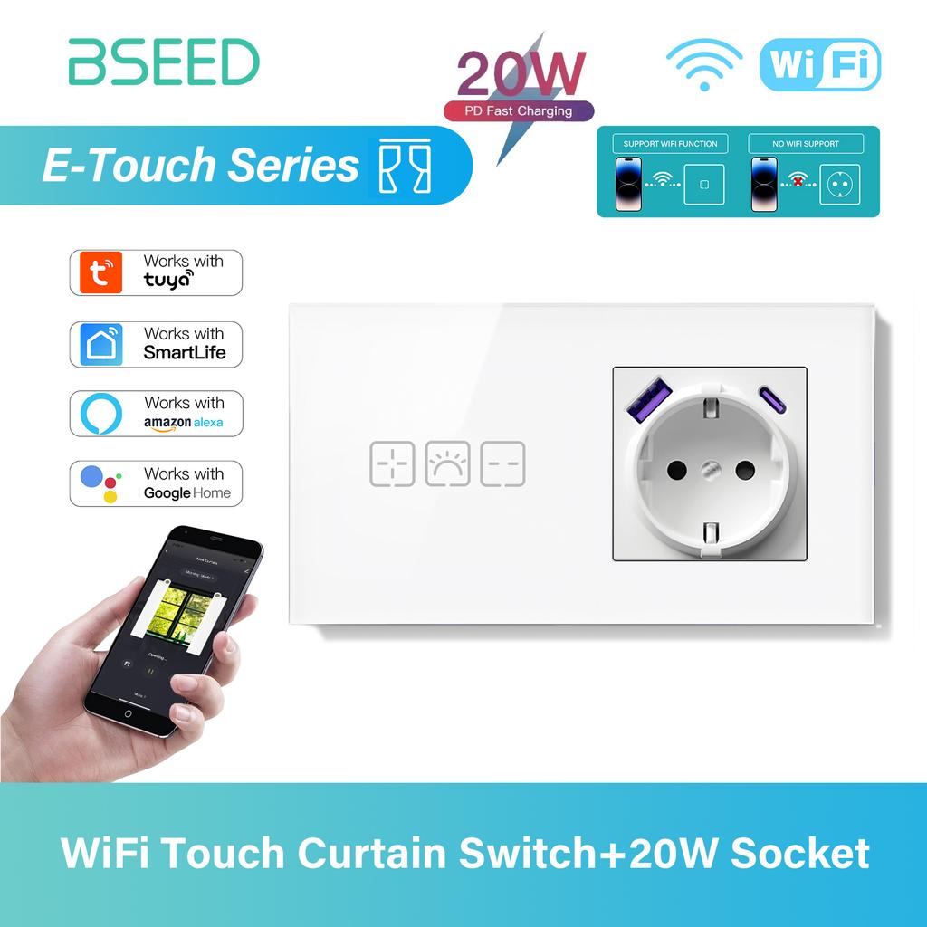 BSEED Tuya WIFI Curtain Switch Smart Touch Curtain Switches Glass Frame Tuya APP Switch EU Wall Sockets with USB-C for Villa Ho