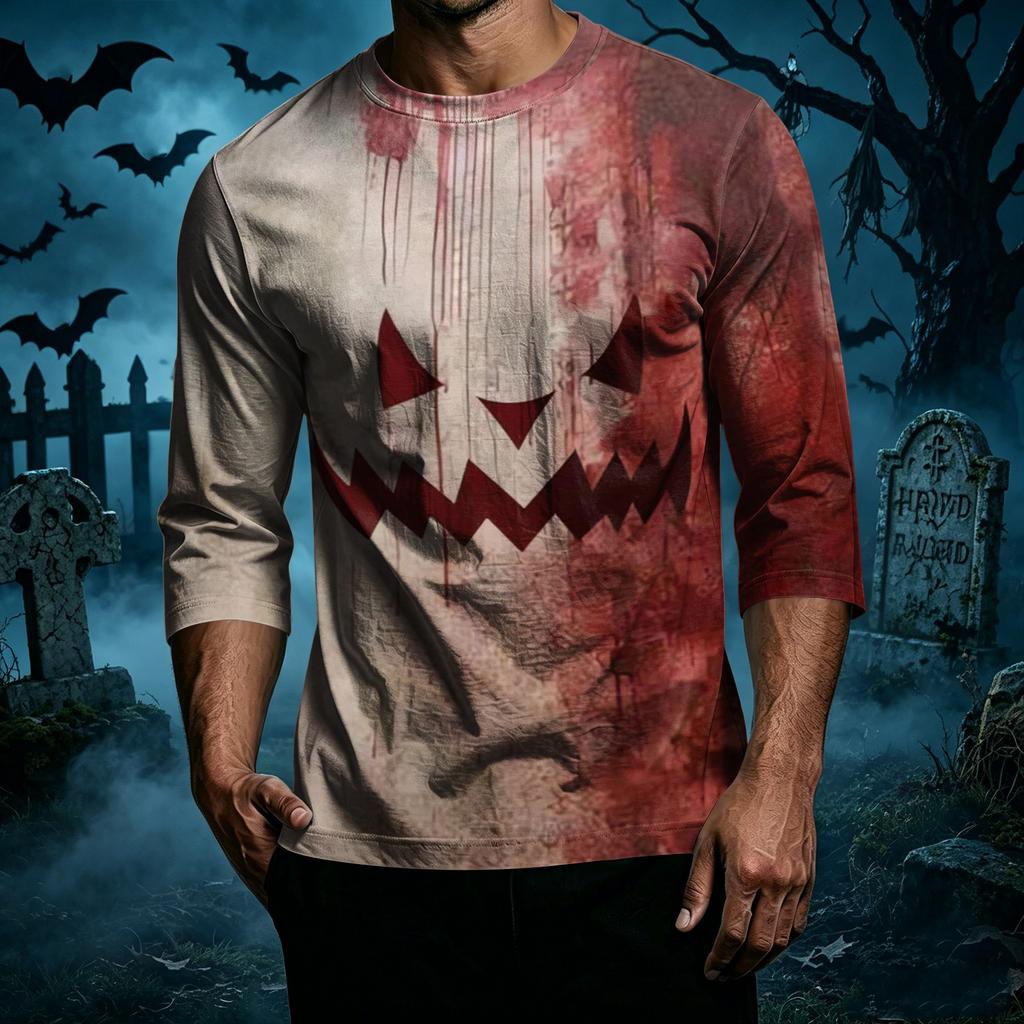 Men's Casual Halloween Print Crew Neck T Shirt Three Quarter Sleeve Top Comfortable Fit Lightweight Fabric Suitable for Everyday Wear