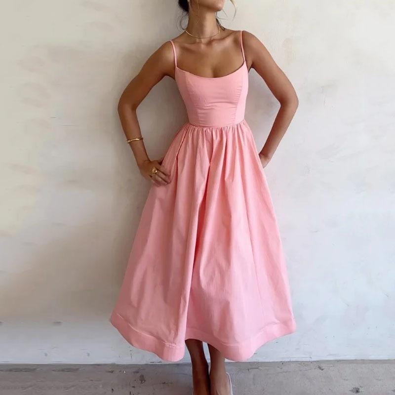 Women's Scoop Neck Sleeveless Midi Dress High Waist Flared Skirt Elegant Commuter Solid Color Sundress 2024 Autumn
