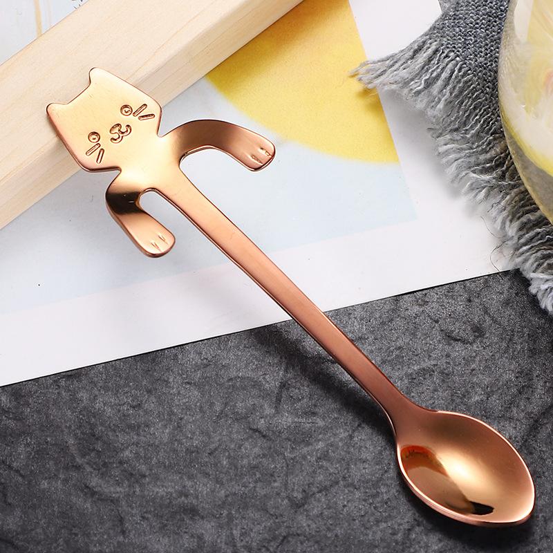 Colher de café em aço inoxidável, adorável, formato de gato, colher de chá, sobremesa, lanche, colher de sorvete, mini colheres, utensílios de cozinha