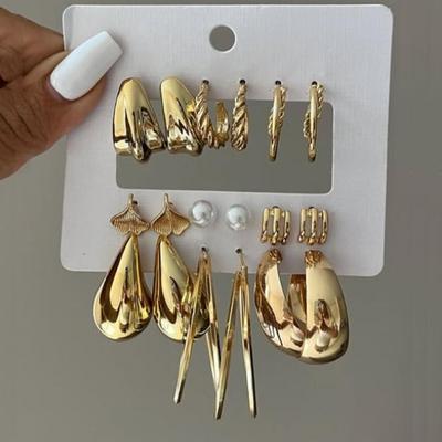 8/12pcs Fashion Charms Gold Color Lightweight Earrings Set for Women Textured C-Shape Teardrop Design Stud Earring Jewelry New