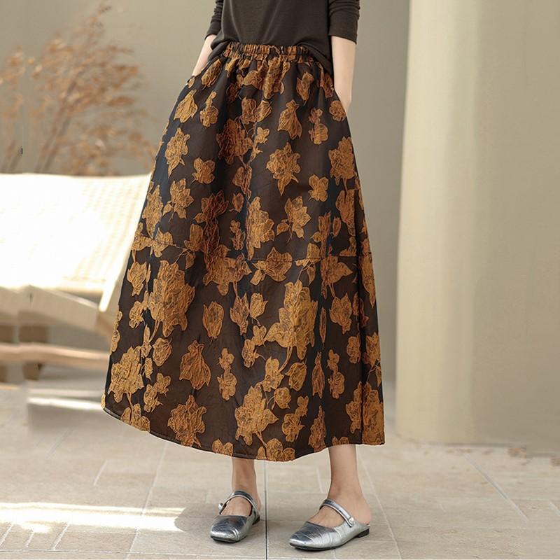 Plus Size Jacquard High Waist Vintage Floral Spring Autumn Casual Loose Long for Woman Skirts Womens Skirt