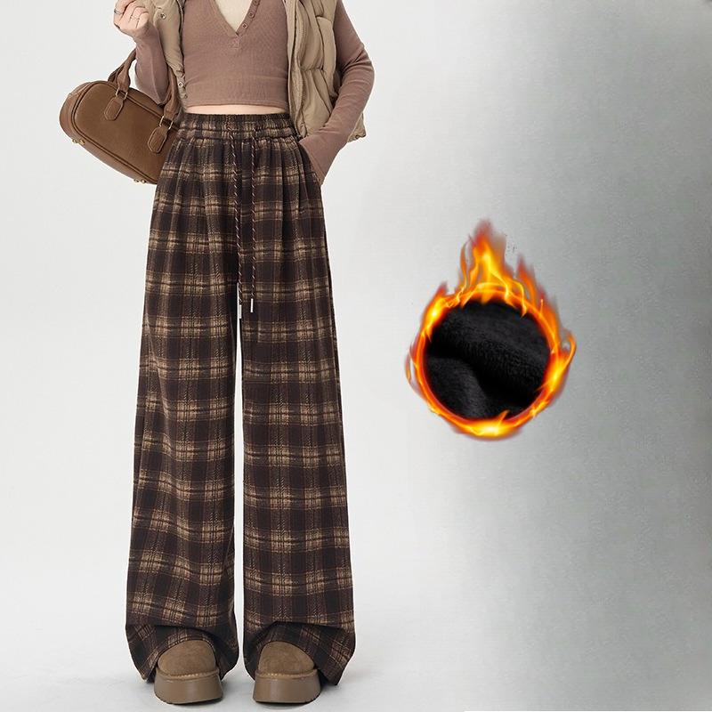 Plus Velvet Woolen Plaid Pants Women's Autumn and Winter Retro Straight Casual Loose Wide-leg Pants