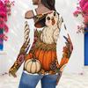 Women Plus Size Asymmetric Cutout Neck Cold Shoulder Long Sleeve Halloween Ghost Pumpkin Printed White Top